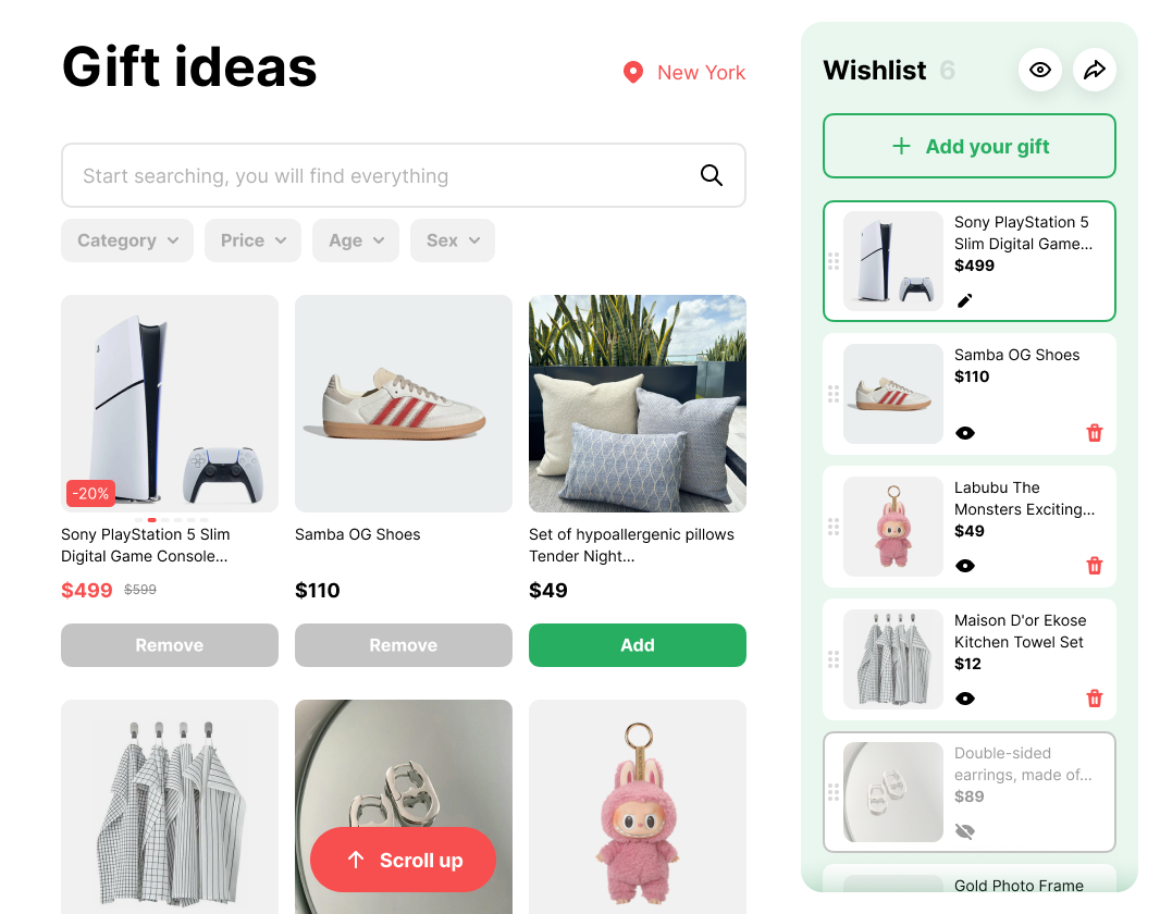 Choosing gifts and adding them to a wish list
