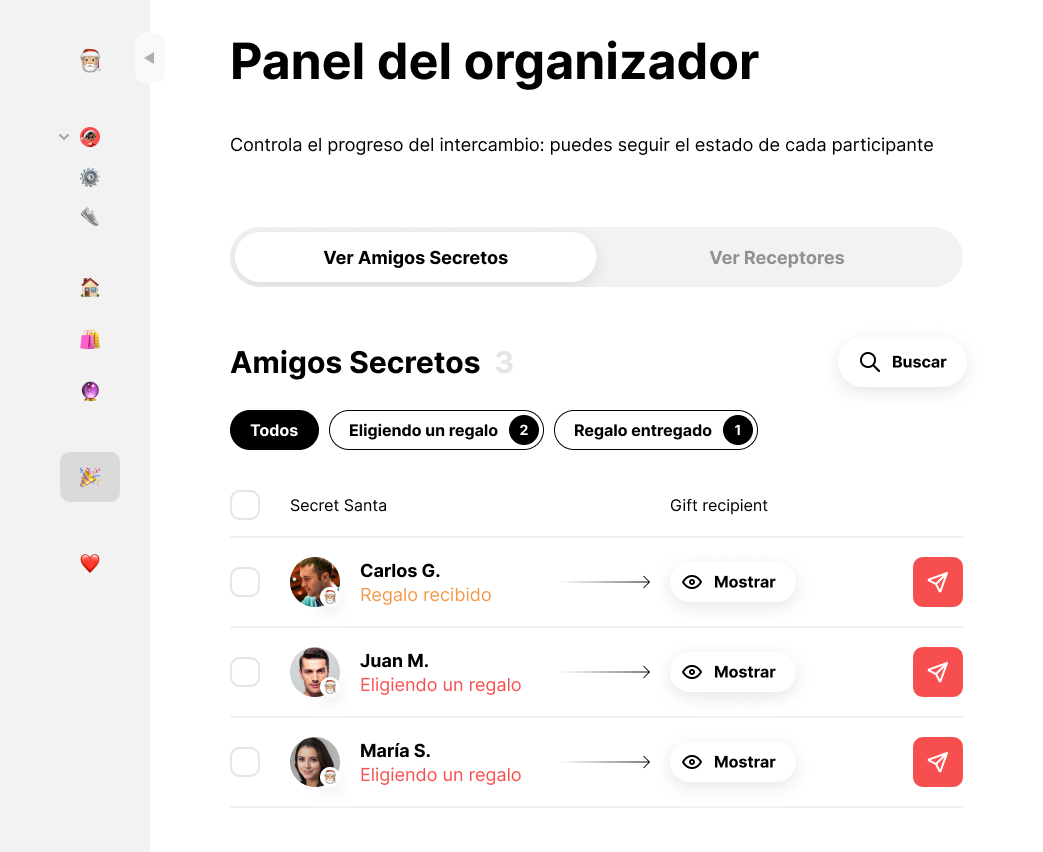 La persona organizadora comprueba quién vio a quién le tocó y quién compró un regalo