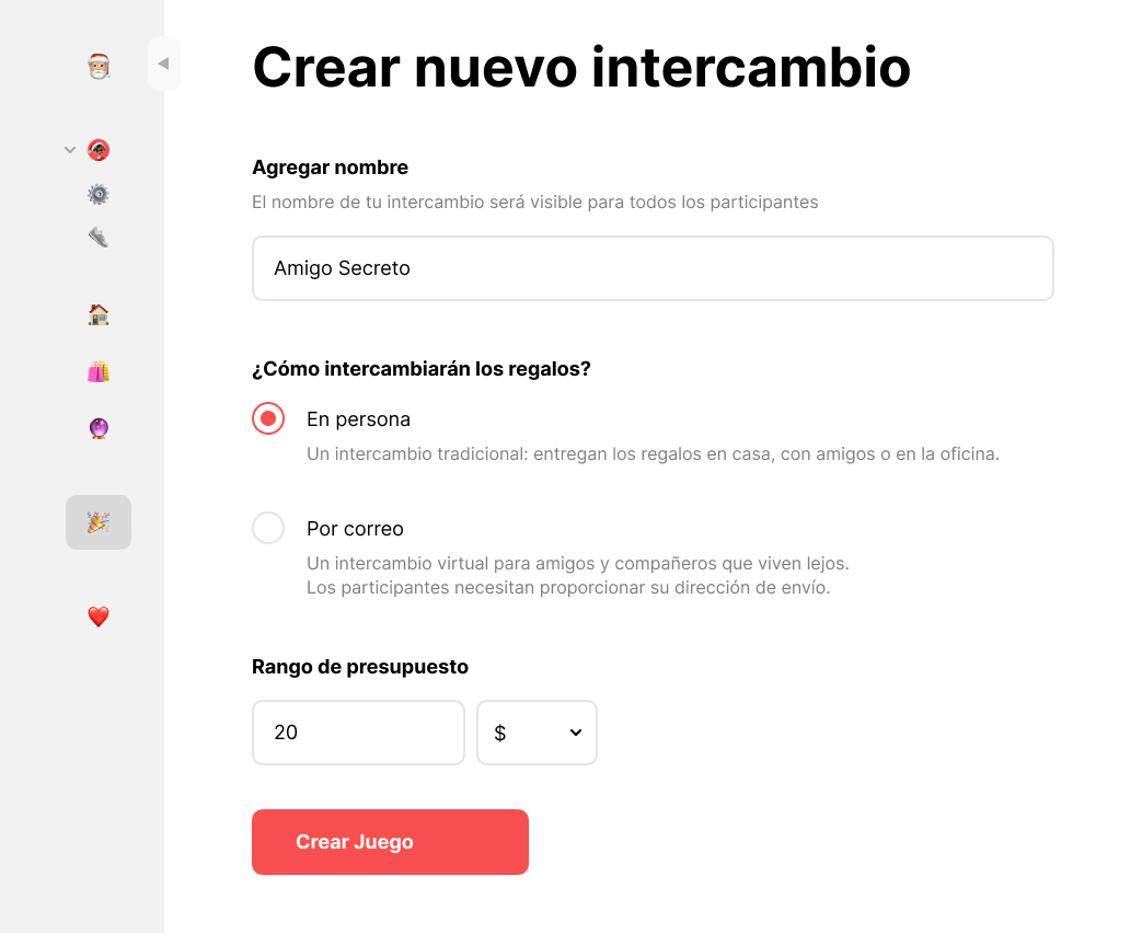 La persona organizadora configura el intercambio y elige los detalles
