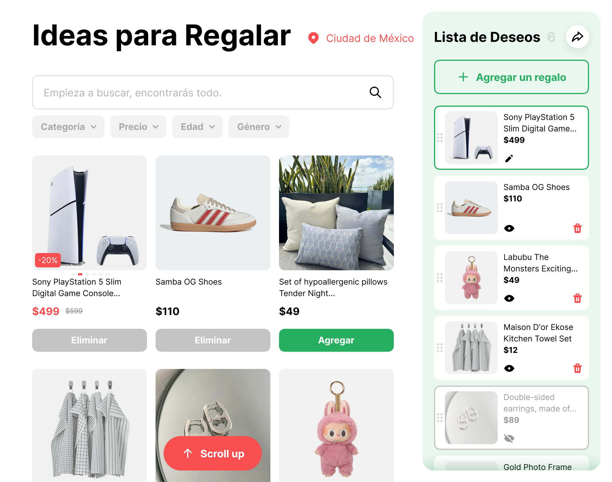 Elegir regalos y añadir ideas a una lista de deseos