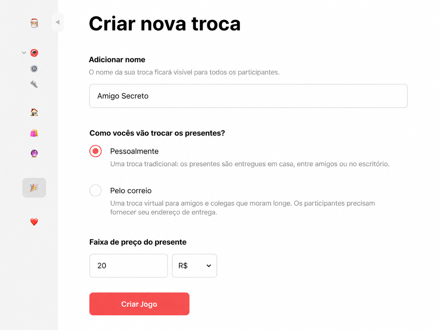 A pessoa organizadora configura o amigo secreto e escolhe os detalhes