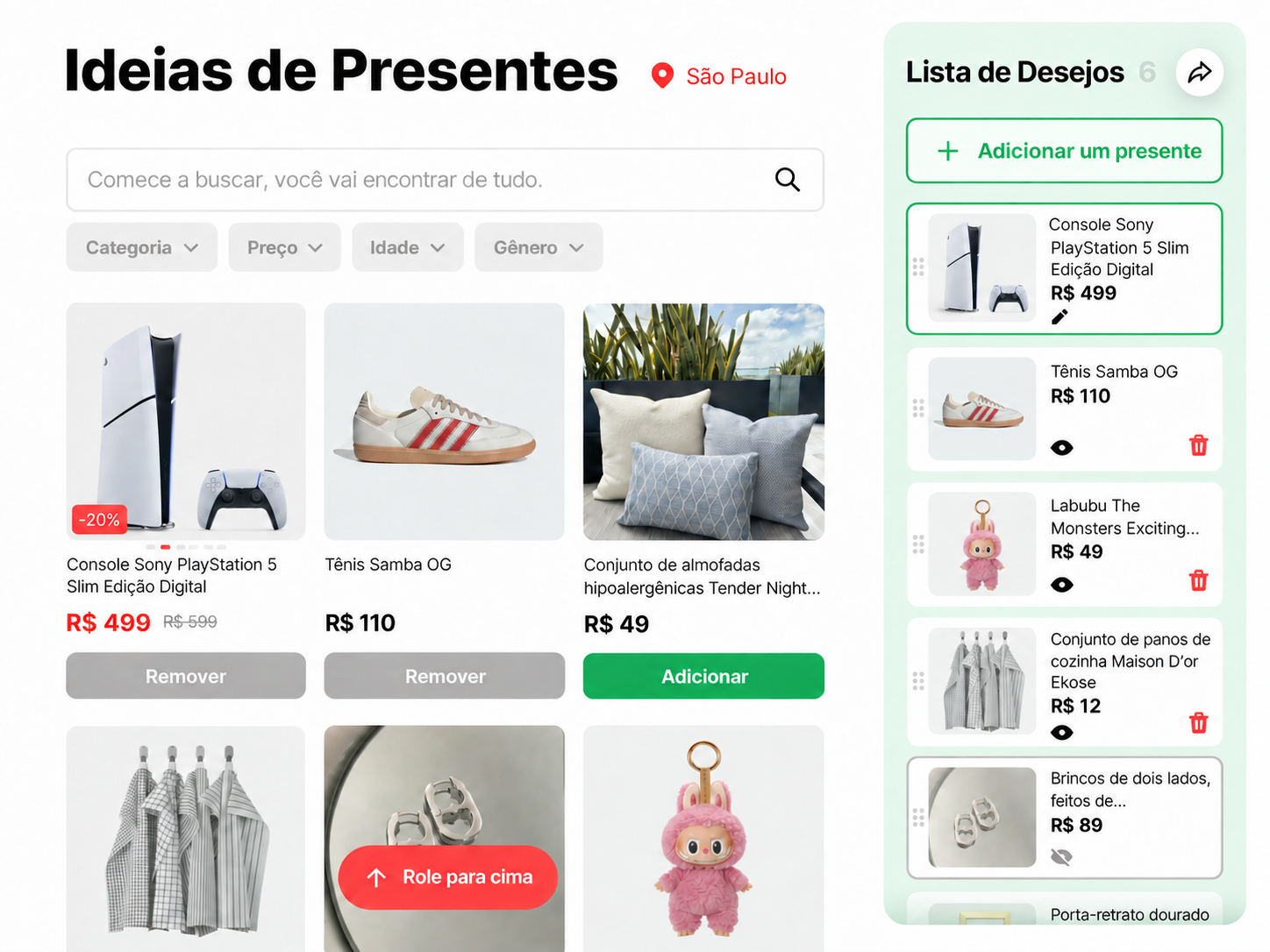 Escolher presentes e adicionar ideias à lista de desejos